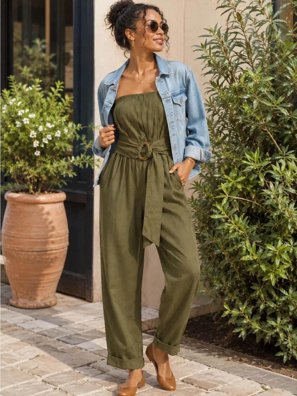 NWT Zara Olive Green Linen Blend Strapless Jumpsuit Belted Cuffed Hem Small